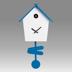 Contemporary cuckoo clock Art.tweet 2603 lacquered with acrilic color white with roof and pendulum blue